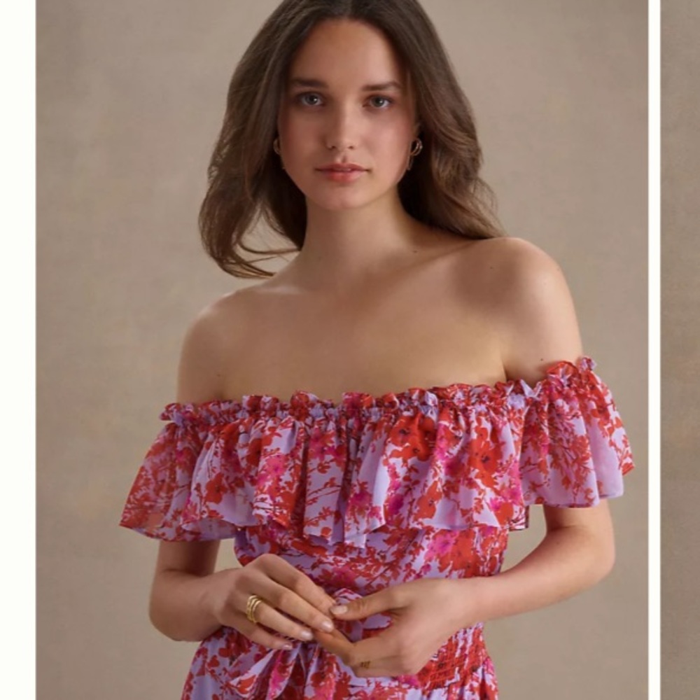 Sachin & Babi Riley Ruffled Off-Shoulder Chiffon Gown - Picture 2 of 7